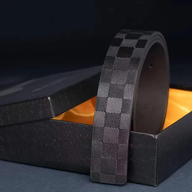 3.8真牛皮轻奢时尚百搭经典爆款男士腰带格子黑色格纹真皮平滑扣