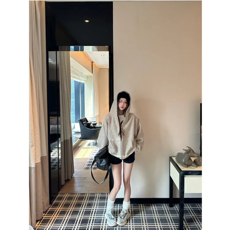 【大椰子专属】条纹连帽拉链外套小众休闲宽松美式开衫卫衣A1243