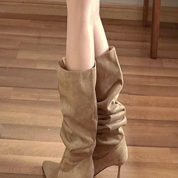 过膝长靴女冬大小姐~辣妹风尖头黑丝过膝长靴女冬卡其色显廋可两穿堆堆时装靴