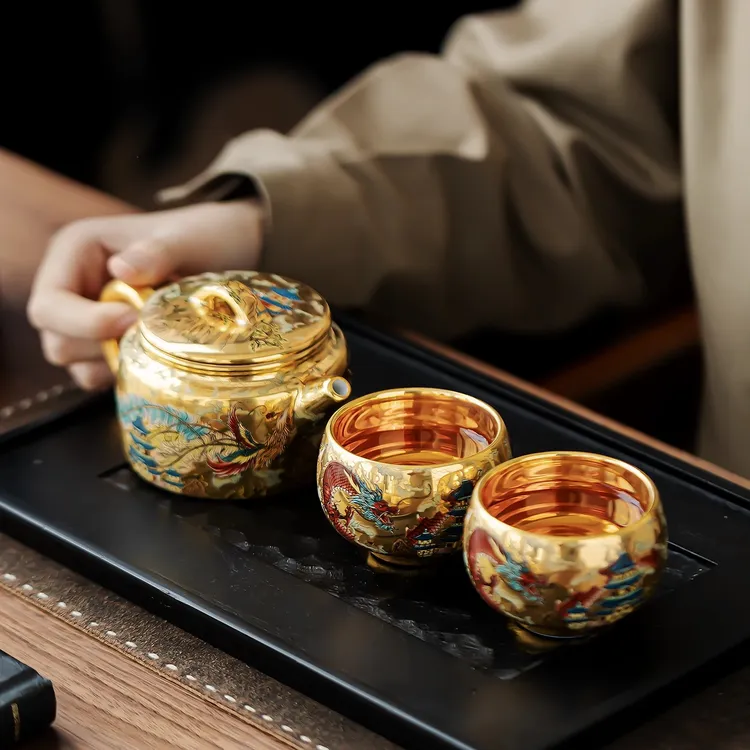 2025新鎏金龙凤茶壶茶杯功夫茶具套装一壶二杯高档家用泡茶壶茶桌