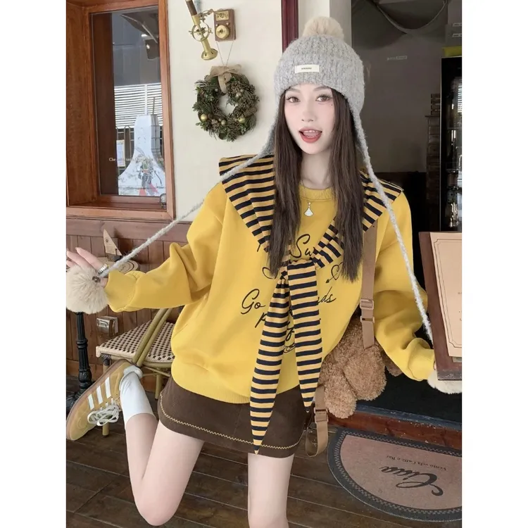 韩系慵懒chic时尚洋气时髦独特超好看宽松显瘦黄色条纹披肩卫衣女