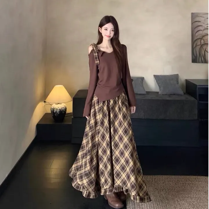 大码chic高级感套装套装裙女秋季胖MM蝴蝶结上衣格子半身裙两件套