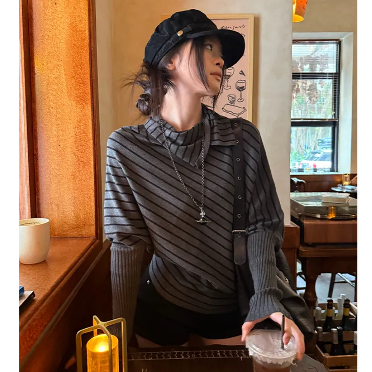 黑灰色针织衫女巨好看早秋穿搭韩系蝙蝠袖宽松长袖毛衣上衣