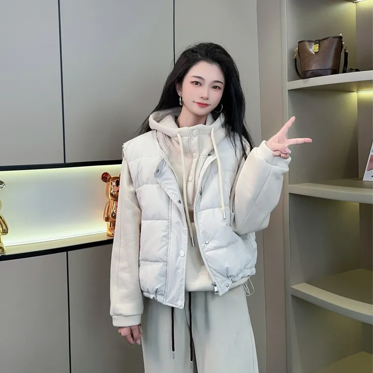 纯色秋冬长袖厚款保暖休闲短款冬季连帽外套叠穿棉服马甲两件套