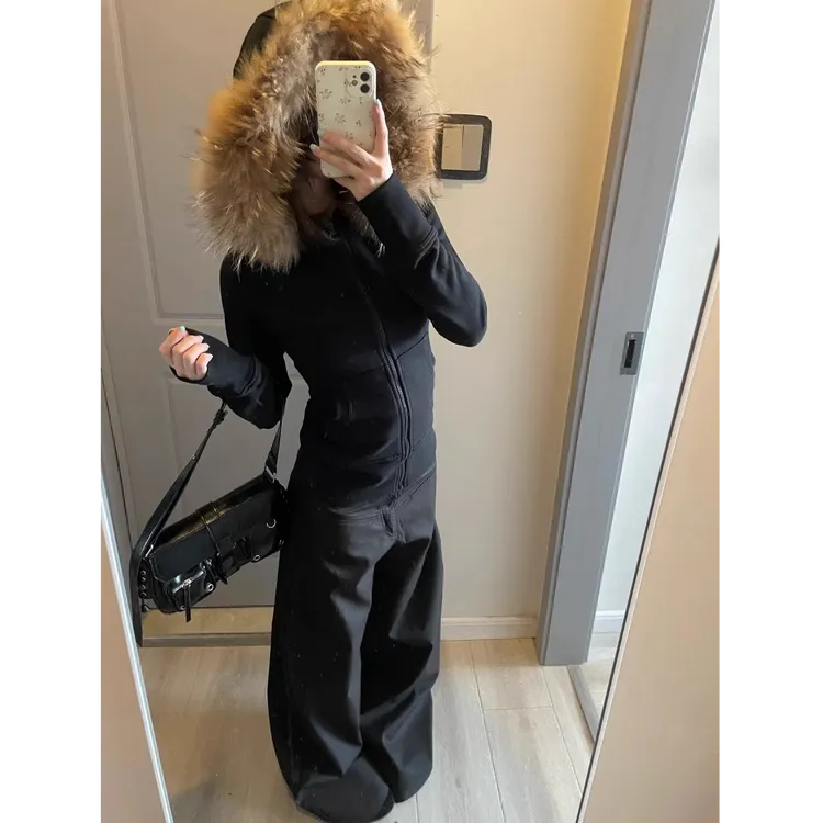 黑色修身毛领外套连帽开衫卫衣女2025新款秋季穿搭正肩长袖薄上衣