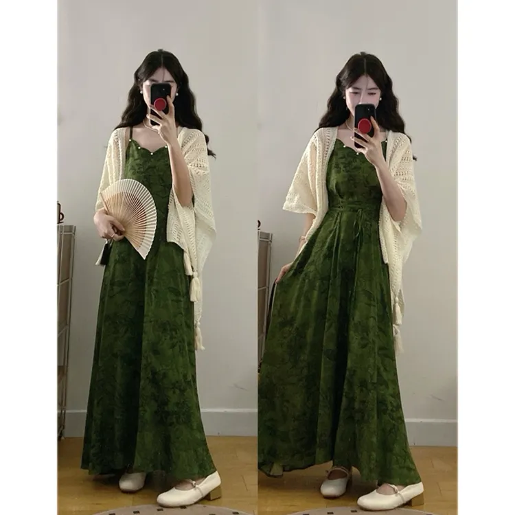 大码夏季新中式印花吊带连衣裙女收腰气质度假设计感长裙洋气开衫