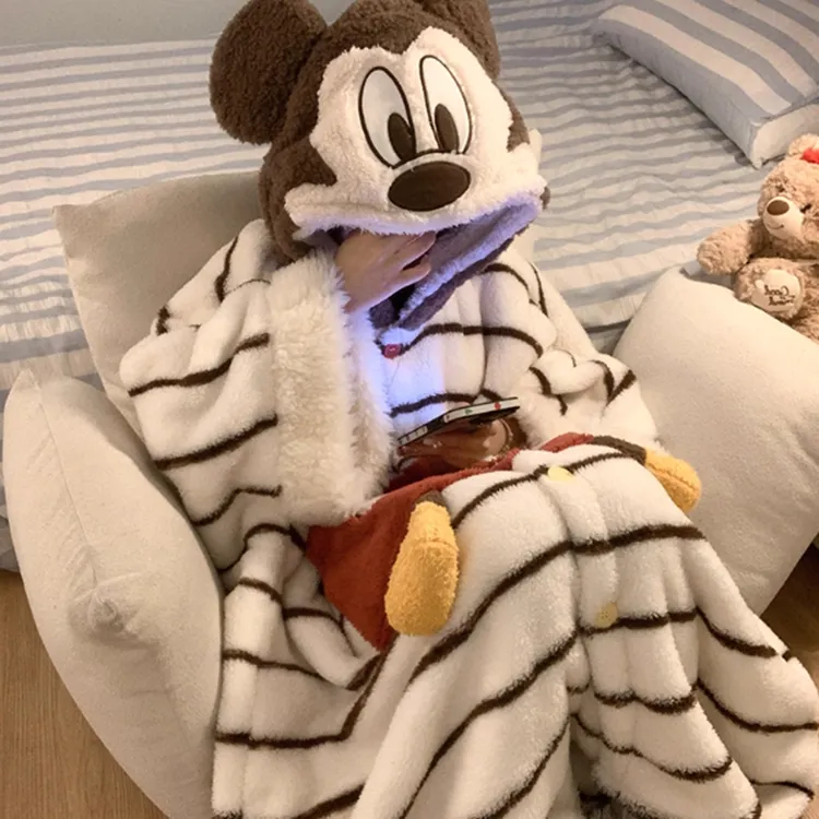 珊瑚绒可爱卡通米奇睡袍女秋冬季大码毛绒长裤保暖加绒家居服套装