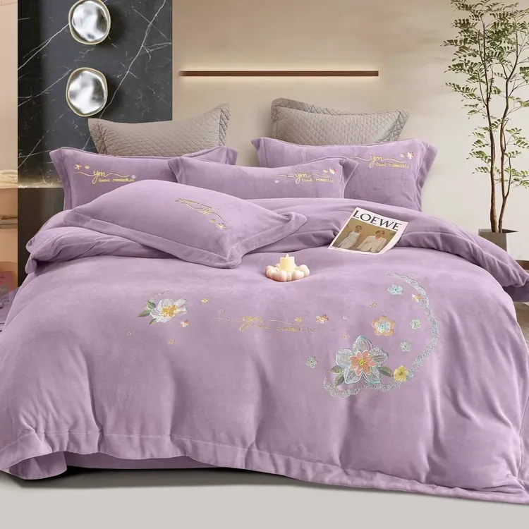【洋盛家纺】冬季加厚保暖牛奶绒绣花床上高档被套四件套 浪漫系列