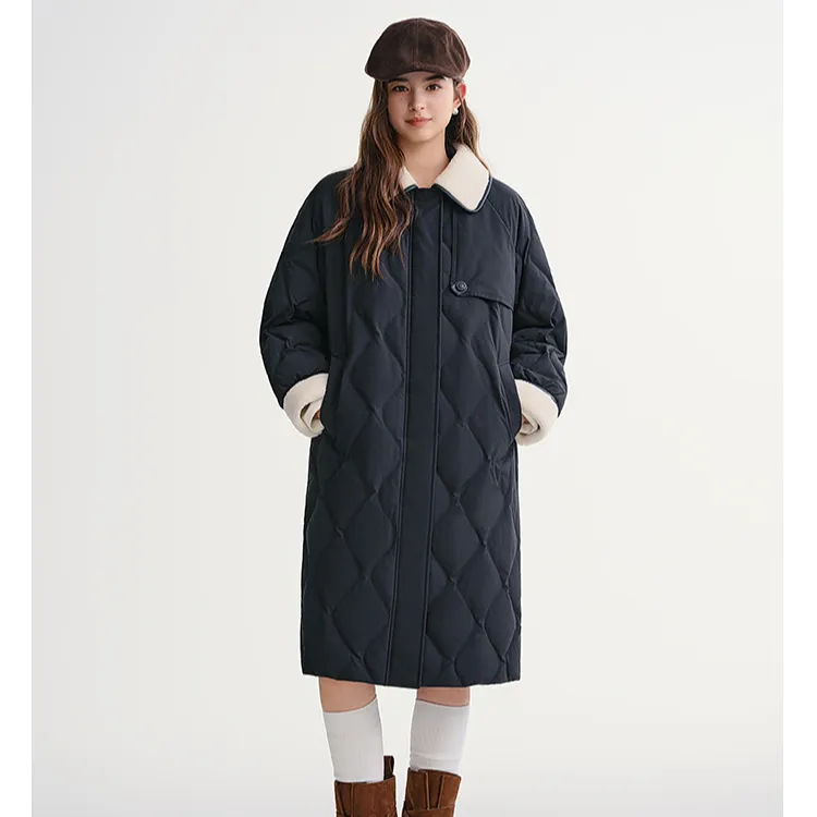 独束大码女装【蓝莓餐包】复古撞色羽绒服撞色白鸭绒外套25DS84086