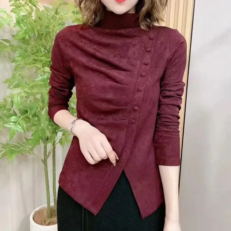 纯色提花半高领斜排扣长袖打底2025秋冬一体绒修身显瘦气质7999款