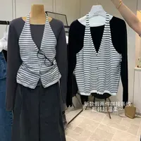 25007好喜欢啊 韩标针织打底衫条纹挂脖两件套