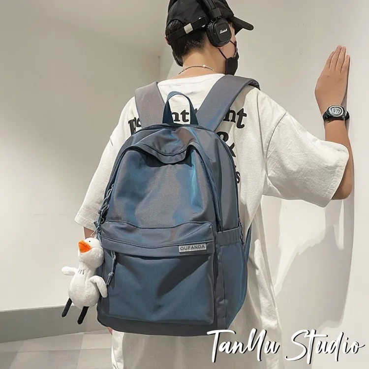 探屿潮牌初中生学生电脑背包书包男生纯色休闲高中生大学生双肩包