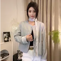 2025春季新款韩系圆领蕾丝翻袖拼接设计感蛋白皮皮衣短款气质外套