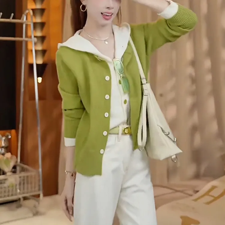 假两件拼接针织衫女秋季新款设计感别致减龄撞色气质连帽衫上衣