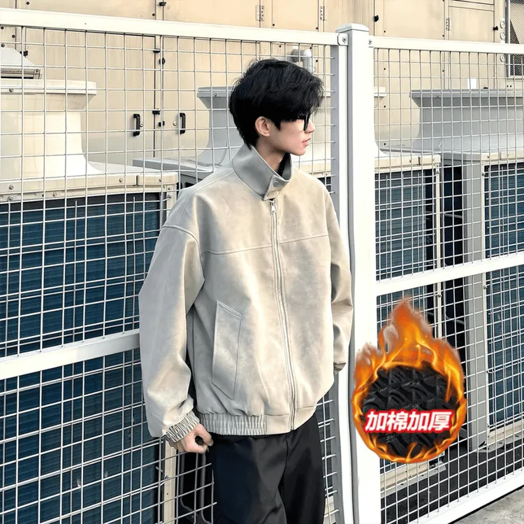 秋季新款立领皮衣夹克男复古立领扎染宽松痞帅休闲潮情侣外套百搭