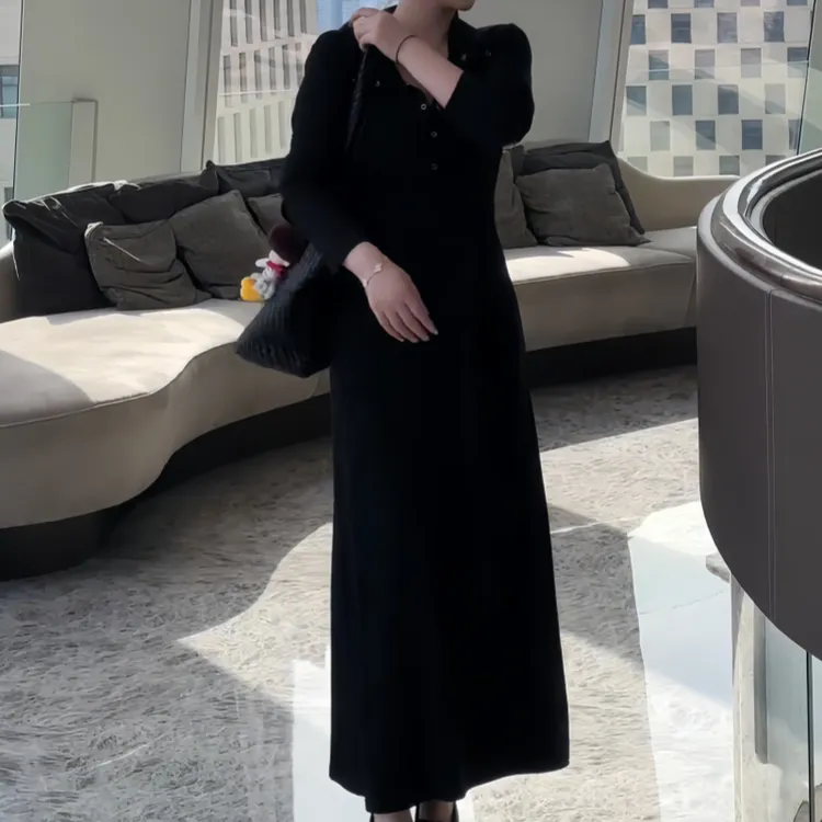 初秋韩系气质温柔polo领百搭系带高腰显瘦时尚A字裙复古褶皱长袖