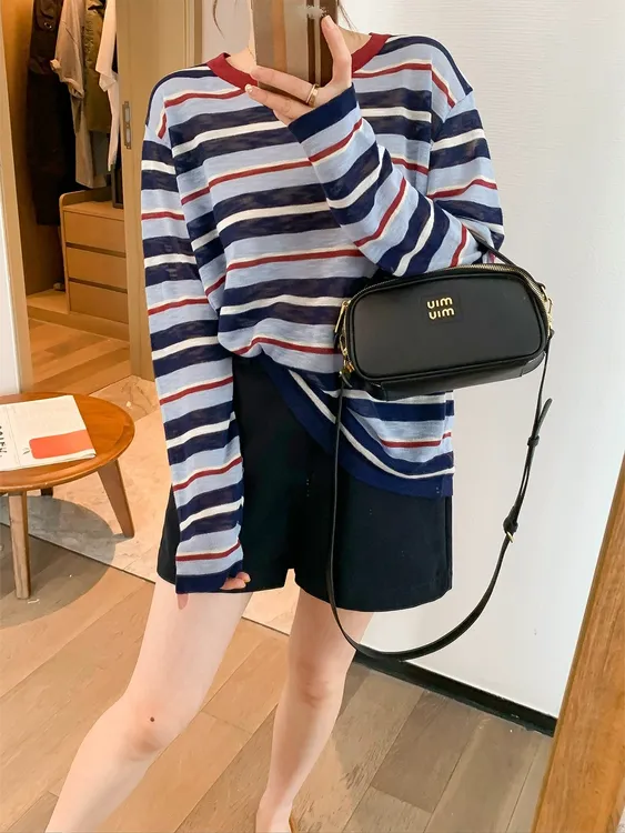 秋季新款韩系百搭撞色条纹圆领长袖防晒针织衫女宽松慵懒风薄上衣