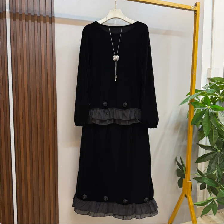 早秋新款黑色复古优雅气质遮肉立体花朵拼接设计微胖显瘦两件套