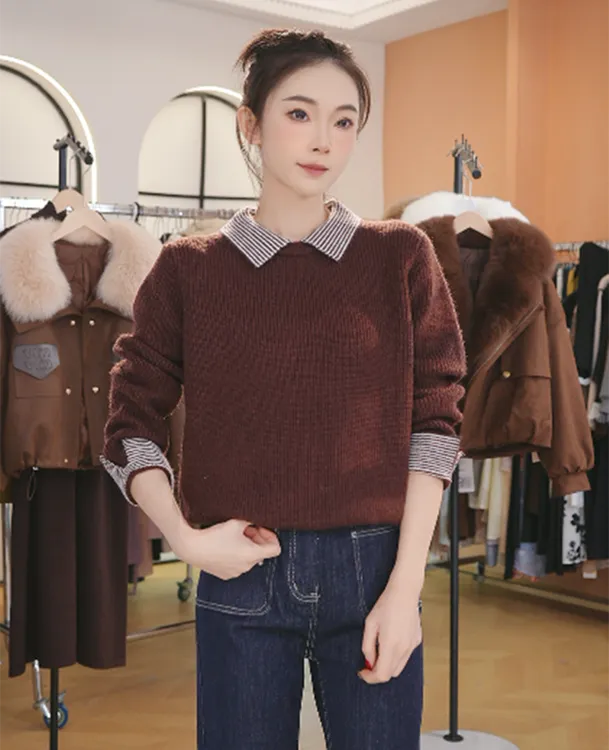 假两件毛衣女套头秋冬新款时尚洋气宽松针织打底衫内搭上衣加厚女