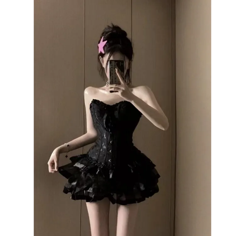 暗黑性感黑天鹅重工提花收腰显瘦鱼骨胸衣公主蓬蓬裙生日聚会短裙