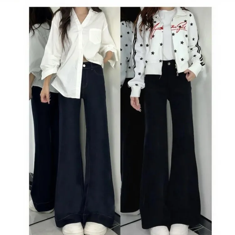 【现货+运费险】秋冬加绒微喇大码牛仔裤黑色高腰显瘦阔腿喇叭裤