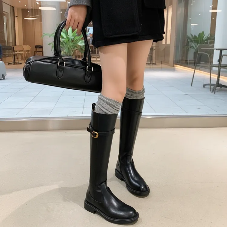 DN2025秋冬新款小金扣厚底粗跟高筒骑士靴显瘦气质复古长筒靴女靴