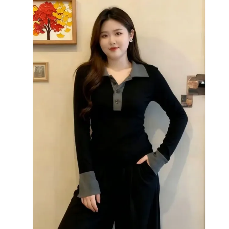 大码微胖MM正肩POLO长袖撞色T恤拼接春季新款修身显瘦运动打底衫
