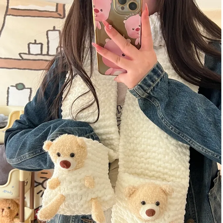 【高质量】围巾手工编织diy口袋小熊毛线手织材料包送女友生日礼物