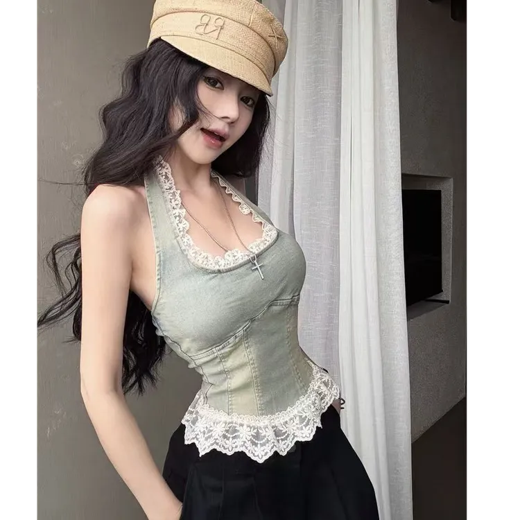 2025春夏新款蕾丝拼接牛仔背心纯欲吊带上衣女配显瘦高腰休闲裤