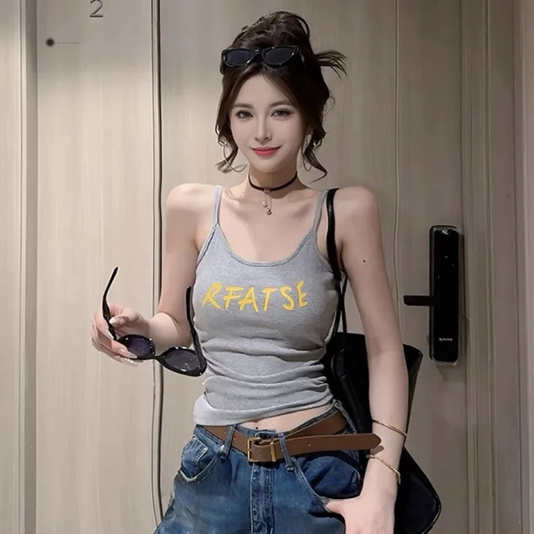 美式辣妹吊带字母印花不规则性感百搭时尚简约无袖设计感背心美背