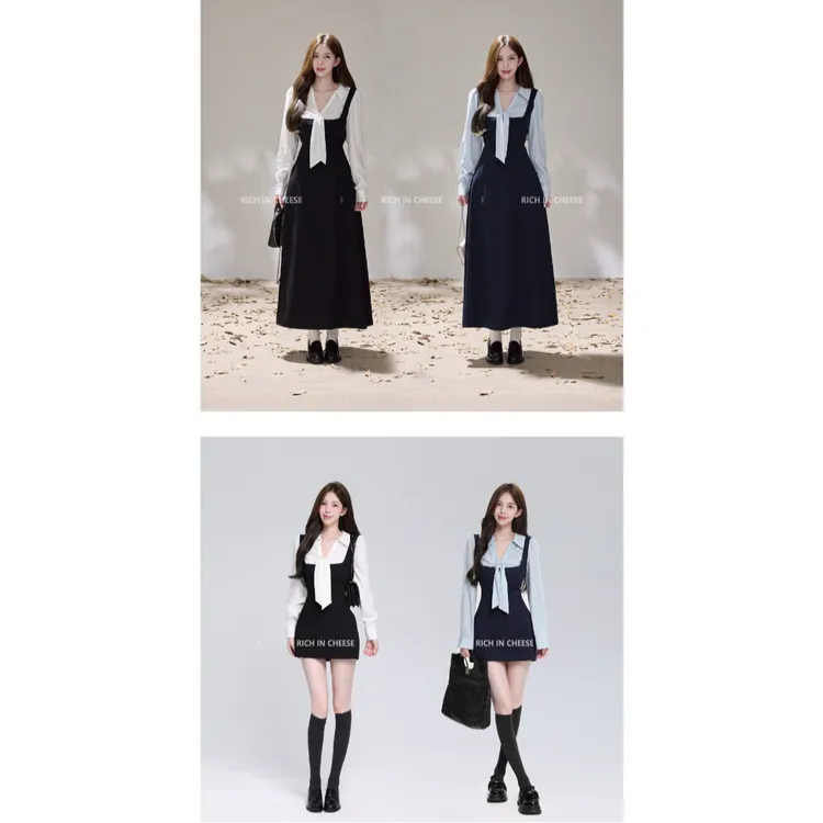 舒胡蕾 日漫少女 秋冬韩系假两件撞色拼接蝴蝶结收腰连衣裙