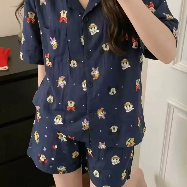 可爱卡通米奇印花睡衣女夏季可外穿宽松舒适家居服纯棉100%深色
