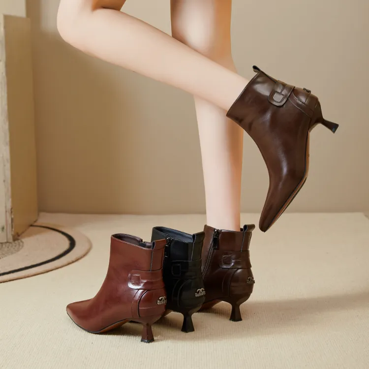 Y33610-1轻职风复古港风尖头中跟细跟短靴高跟气质粗跟简约