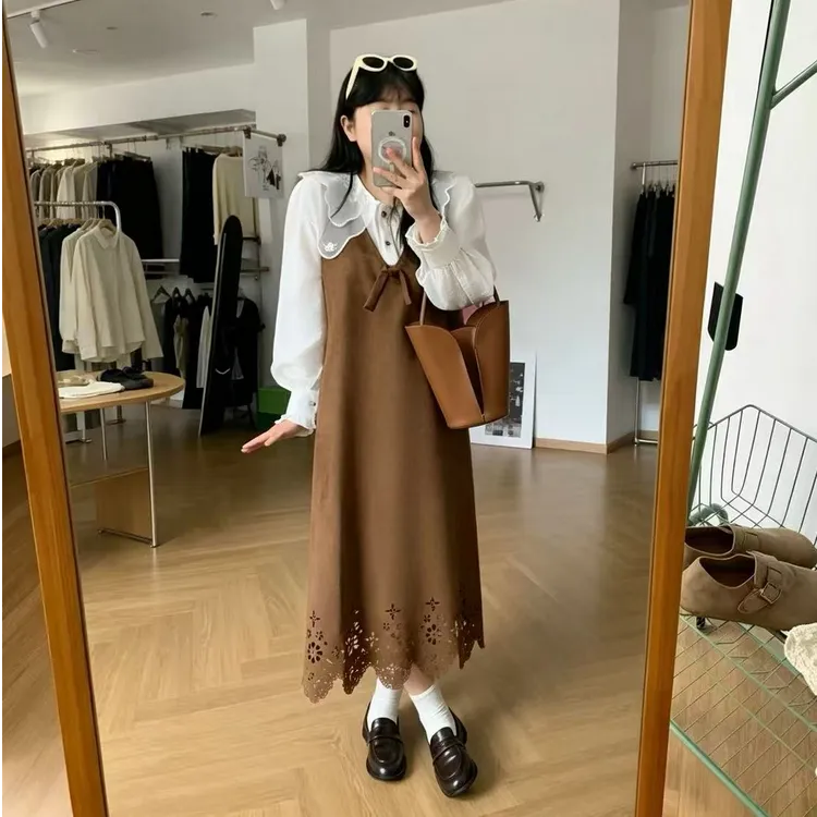 秋季温柔韩系减龄双层娃娃领衬衫镂空设计感百搭连衣裙套装商品图