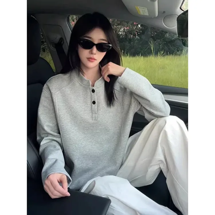 美式正肩亨利领polo衫卫衣男女款秋季解构拼接长袖t恤内搭打底衫