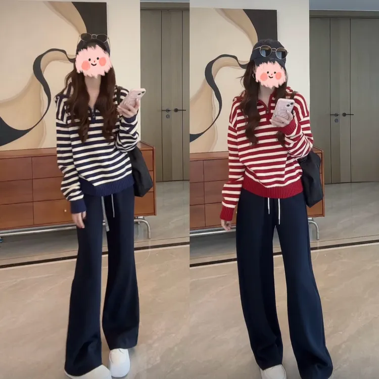 韩系休闲减龄一整套女2025秋季新款条纹连帽针织衫高腰阔腿裤套装