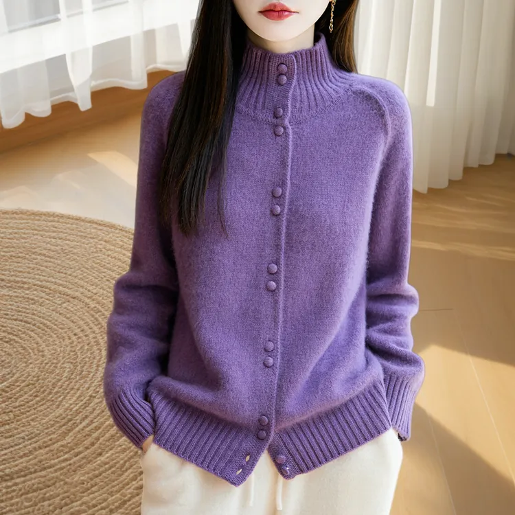 秋冬三股加厚100纯羊毛开衫女高领针织宽松外搭包扣毛衣外套百搭