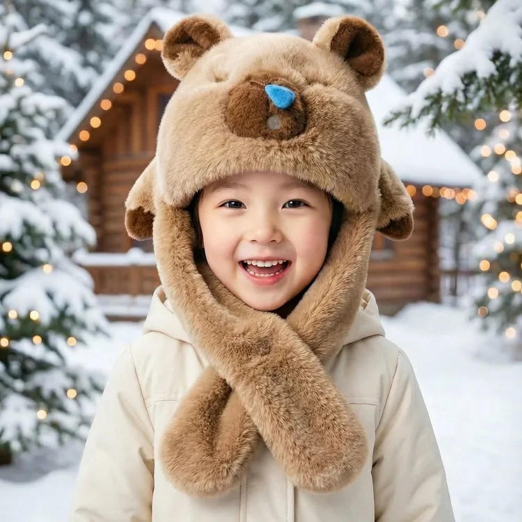 吹鼻涕泡泡帽子毛绒水豚围巾防风鼻涕儿童帽加厚骑车冬天保暖帽