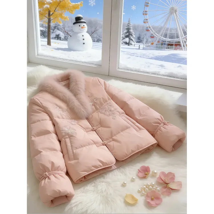 高级舒适风盘扣刺绣毛领棉服欧货冬季新款中式元素舒适惬意温婉