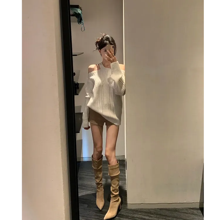 韩系露肩针织衫毛衣女2025秋新款温柔风独特超好看长袖上衣配短裤