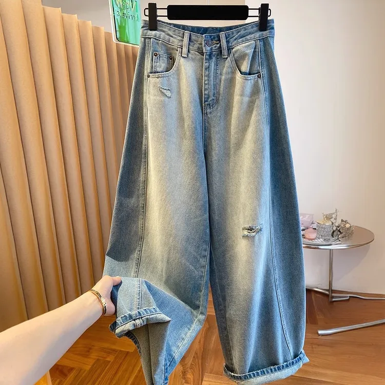 韩国东大门破洞弯刀阔腿牛仔裤女春秋2025新款宽松高腰显瘦镰刀裤