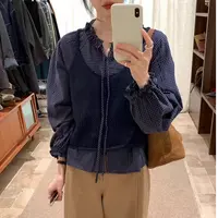7750复古秋日出游 格纹系带衬衣针织马甲套装