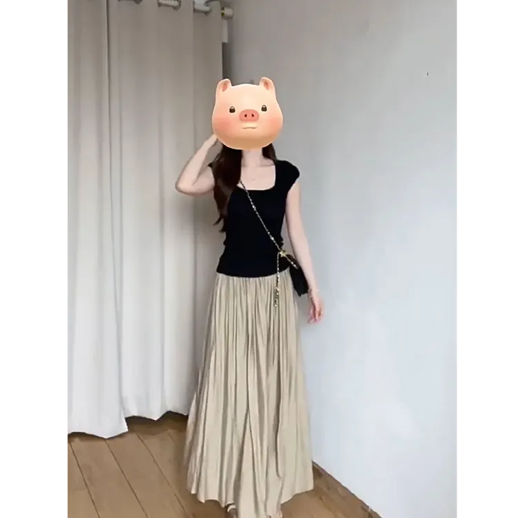 今年流行漂亮的套装显瘦小个子黑色正肩短袖上衣半身裙两件套裙子