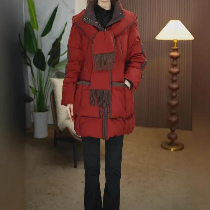 时尚中长款连帽白鸭绒羽绒服女2025年冬季新款妈妈装加厚保暖外套