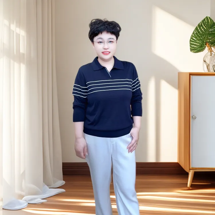 【高档条纹长袖】秋季女士针织长袖（25311）春秋时尚中年翻领妈妈装