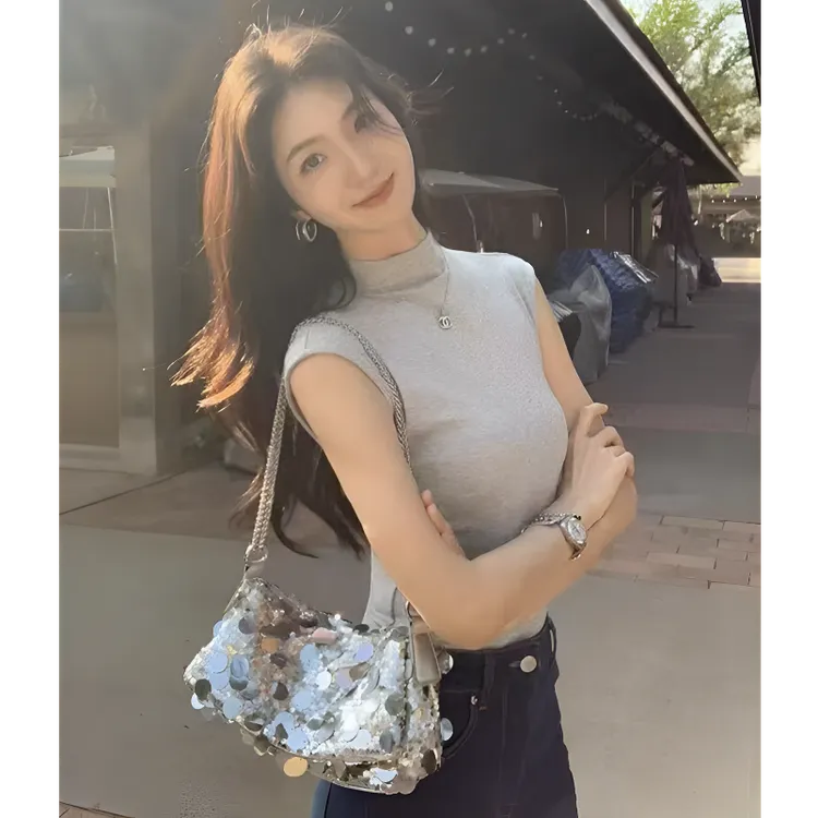 2025早秋新款设计显瘦半高领小飞袖上衣女半高领背心短袖时尚设计