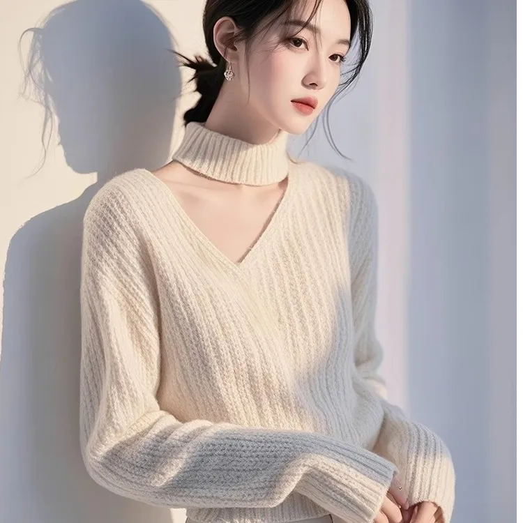 韩系chic气质白色挂脖加厚毛衣女秋冬季高级感内搭打底针织衫上衣