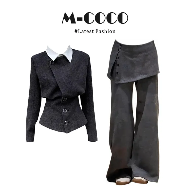 【80-160斤可穿】显瘦高级感翻领毛呢外套女假两件休闲裤气质两件套