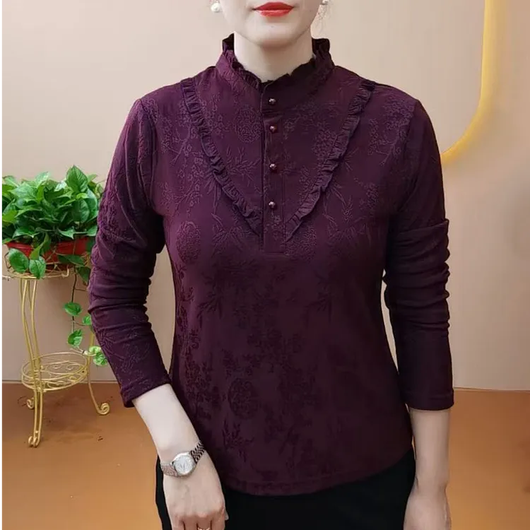 秋冬新款时尚气质百搭半高领花边木耳领显瘦减龄套头加绒打底衫