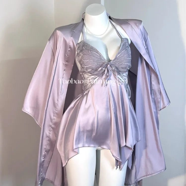 猫什么喵pro·大尺码*带胸垫*冰丝睡衣聚拢蝴蝶结睡裙外袍家居服